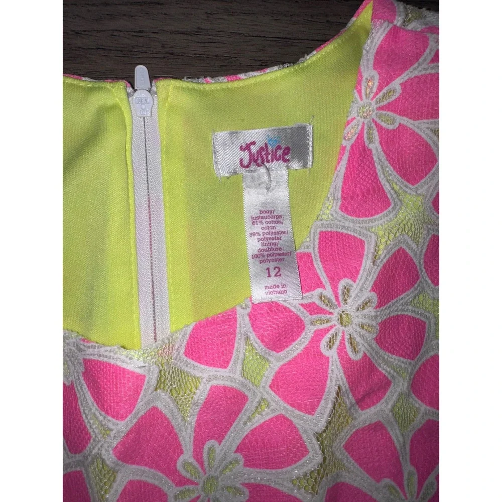 Justice Girls Neon PinkLime Green Floral Lace Fit Flare Dress Size 12 Sleeveless